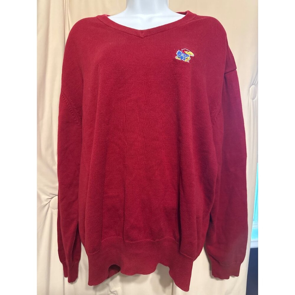 KU Kansas Jayhawks Red Cotton V-Neck Sweater Size XL VESI Sportswear